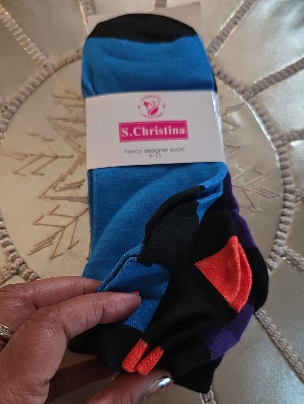 Christina 3 Pair Blue Casual Socks with Black, Orange & Purple Accents